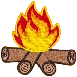 A campfire with yellow, orange and red flames and four logs of wood.