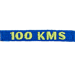 The number 100 KMS is stitched in yellow on a dark blue background.