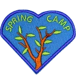 Two tree branches beginning to bud. The words Spring Camp are embroidered above them.