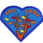Two tree branches with fall-coloured leaves and the words Fall Camp above them.