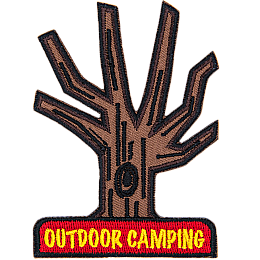 A tree without leaves, with the words Outdoor Camping, stitched in yellow on a red rectangle at the bottom.