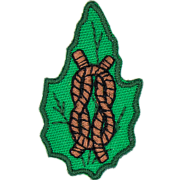 A knot tied from rope on a green leaf.
