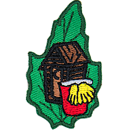 An outhouse, a red bucket and two yellow gloves are on a green leaf.