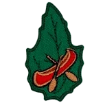 A red canoe with wooden oars on a green leaf.