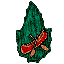 A red canoe with wooden oars on a green leaf.