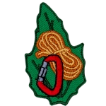 This leaf-shaped patch displays a neatly folded yellow rope with a red carabiner.