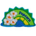 A green and yellow sea serpent hump with the word Popcorn on the right and popped kernels on the left.