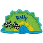 A sea serpent hump with two checkered flags on them and the word Rally.