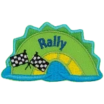 A sea serpent hump with two checkered flags on them and the word Rally.