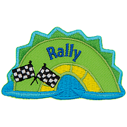 A sea serpent hump with two checkered flags on them and the word Rally.