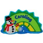 A green and yellow sea serpent with a carolling snowman on its left, and the word Caroling on it.