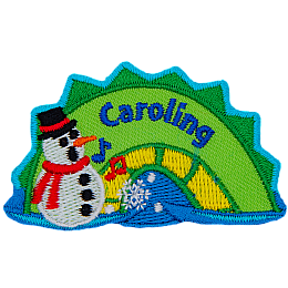 A green and yellow sea serpent with a carolling snowman on its left, and the word Caroling on it.
