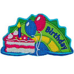 A green and yellow sea serpent hump with the word Birthday on it, and a piece of cake with balloons on the left.