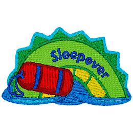 A green and yellow sea serpent hump with a rolled-up red sleeping bag and the word Sleepover on it.