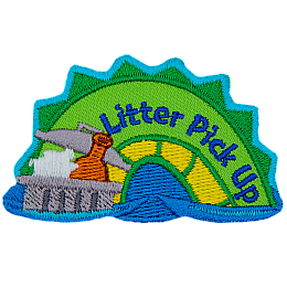 A green and yellow sea serpent hump with the words Litter Pick-Up on it and a box full of trash on the left.