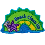 A green and yellow sea serpent hump with the words Beach Clean-Up on the right and a bottle and starfish on the left.