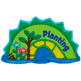 A green and yellow sea serpent hump with the word Planting on the right and blooming flowers on the left.