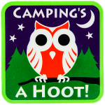 An owl sits on a branch under the words Camping's A Hoot.