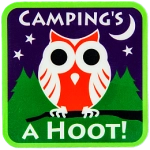 An owl sits on a branch under the words Camping's A Hoot.