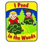 Two people peeing behind bushes with the words I Peed In The Woods above and below them.