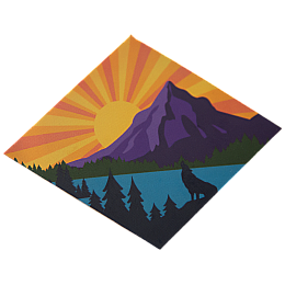 a sun bursts over top the mountain with a lake nearby and spruce trees in the foreground
