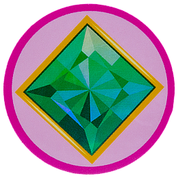 An emerald gemstone on a pink background.