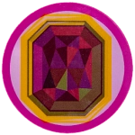 An ruby gemstone on a pink background.