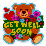 A teddy bear with a bunch of flowers and the words Get Well Soon.