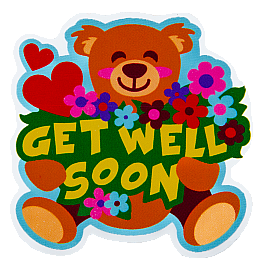 A teddy bear with a bunch of flowers and the words Get Well Soon.