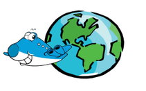 A cartoon plane winks at the globe.