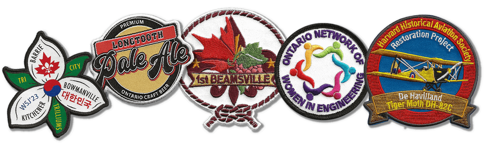 a
  collage of
                five custom embroidered patches