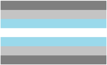 The demiboy pride flag is showcased using seven horizontal bars. The colours go dark grey, grey, blue, white, blue, grey, and dark grey.