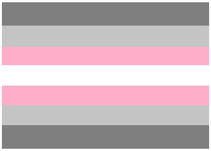This seven horizontal bar rectangle depicts the demigirl pride flag. The colours go dark grey, grey, pink, white, pink, grey, and dark grey.