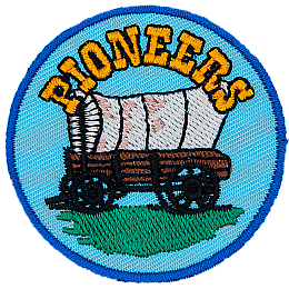 covered wagon on a blue background with the word pioneers