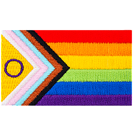 The progress pride flag is displayed with its rainbow of colours and arrow-shaped lines.