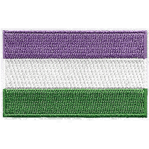 The gender queer pride flag displays lavender, white, and chartreuse horizontal stripes.