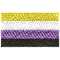 The nonbinary pride flag displays yellow, white, lavender, and black horizontal stripes.