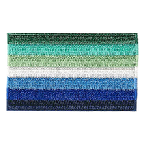 The gay pride flag displays horizontal stripes of various tones of green, white, and blue.