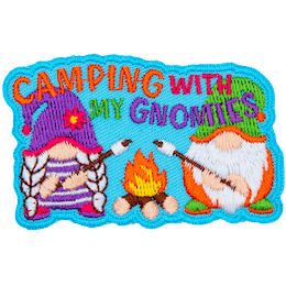 Two gnomes at a campfire beneath the words Camping With My Gnomies.