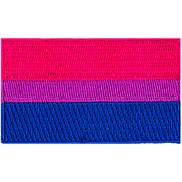 The bisexual pride flag is comprised of 3 horizontal bars with a wide top and bottom bars (pink and blue) and a narrow purple bar in the middle.