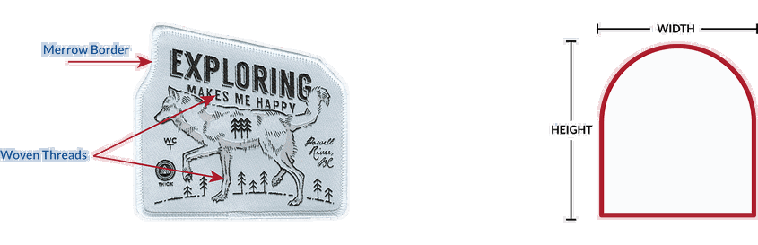 A diagram explaining woven patches. There is a merrow border and the design is made with woven threads.