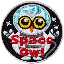 An owl in a space suit, with the words Space Owl across the body.
