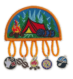 A patch depicting camping scene with five loops for charms.