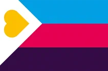 The polyamorous pride flag is broken up into three horizontal bars of blue, red, and black colours. A pie symbol sits in the center of the flag.