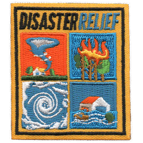 The words Disaster Relief are above four natural disasters.