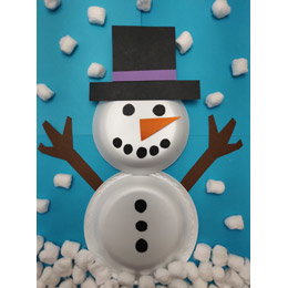 A snow person made out of two plates.