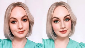 A non-edited photo next to an edited photo of the same woman.