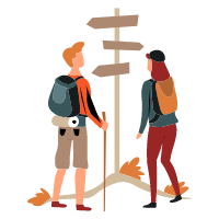 two people looking at a sign 
    post